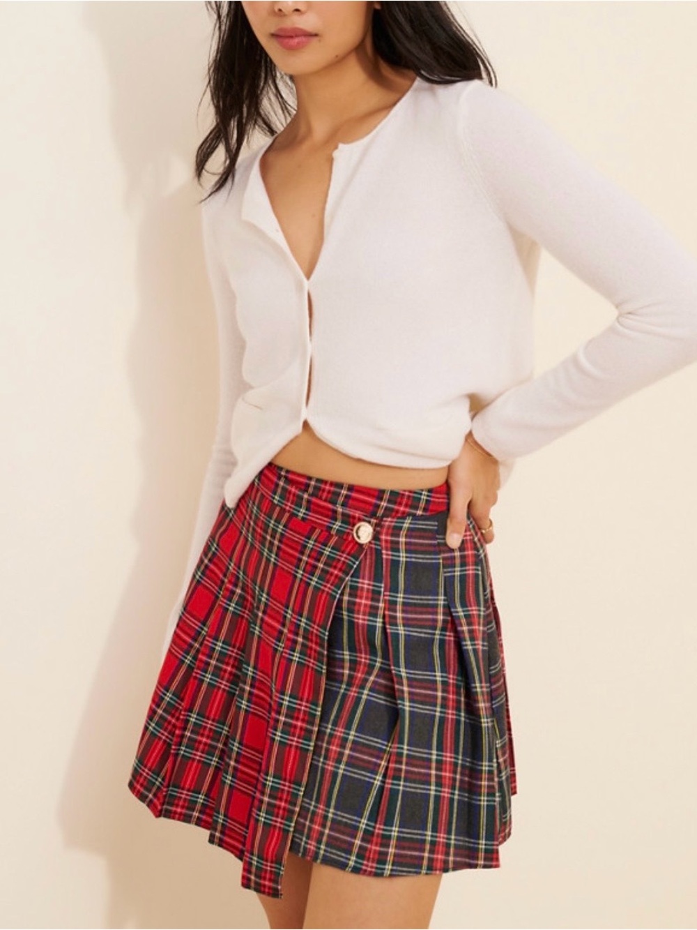 Mixed Red Plaid Pleated Mini Skirt